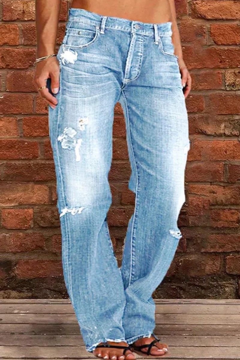 Casual Solid Patchwork Mid Waist Straight Denim Jeans