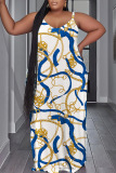Dark Blue Yellow Sexy Print Backless Spaghetti Strap Long Dress Plus Size Dresses