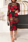 Rose Red Sexy Casual Print See-through Half A Turtleneck Long Sleeve Three Piece Set