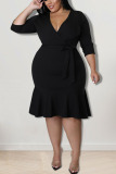 Grey Casual Solid Bandage Patchwork Flounce V Neck Straight Plus Size Dresses