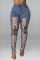 Baby Blue Casual Solid Hollowed Out Frenulum High Waist Skinny Denim Jeans