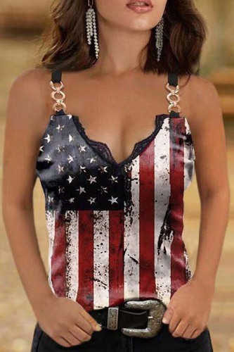 Black Red Sexy Casual Print Backless Spaghetti Strap Tops
