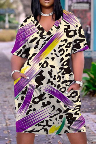 Purple Casual Print Patchwork V Neck Short Sleeve Dress