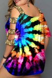 Colour Casual Print Hollowed Out Patchwork O Neck Plus Size Tops