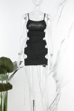 Black Sexy Street Party Solid Cross Straps Reflective Spaghetti Strap One Step Skirt Dresses