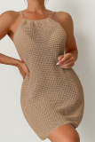 Khaki Casual Solid Hollowed Out Draw String Swimwears Cover Up
