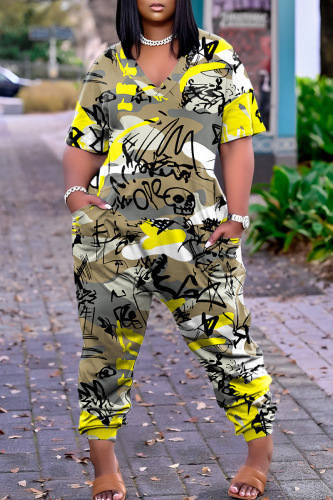 Grey Casual Print Patchwork V Neck Regular Jumpsuits