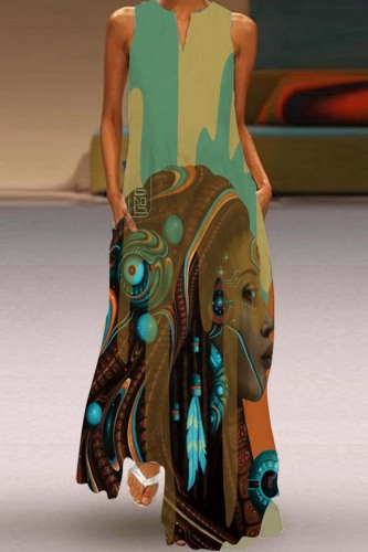 Ink Green Casual Print Basic V Neck Long Dress Dresses