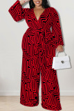 Tangerine Red Casual Print Bandage Patchwork V Neck Plus Size Jumpsuits