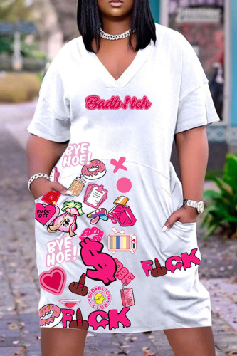 White Pink Casual Print Patchwork V Neck Short Sleeve Dress