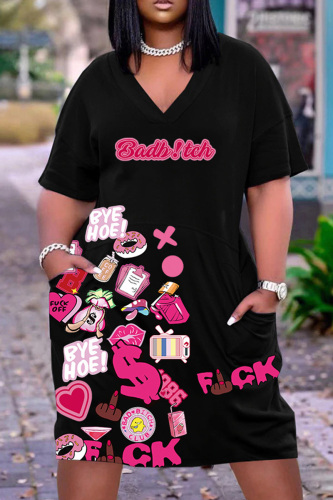 Black Casual Print Patchwork V Neck Short Sleeve Dress