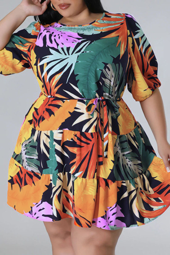 Yellow Casual Print Bandage Patchwork O Neck A Line Plus Size Dresses