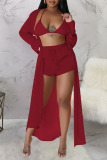 Tangerine Red Long Sleeve Shirt Cover Ups Cami Bra Top with Shorts Vacation Beach Three Pieces Set