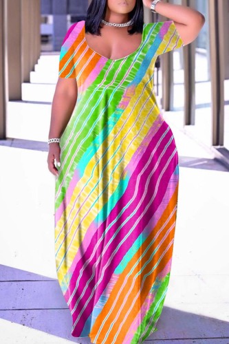 Green Yellow Casual Print Basic V Neck Short Sleeve Dress Dresses