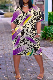 Purple Casual Print Patchwork V Neck Short Sleeve Dress