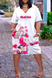 White Pink Casual Print Patchwork V Neck Short Sleeve Dress
