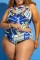 Blue Sexy Print Hollowed Out Patchwork O Neck Plus Size Swimwear (With Paddings)
