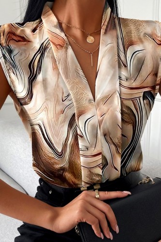 Dark Khaki Casual Print Patchwork V Neck Tops