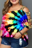 Colour Casual Print Hollowed Out Patchwork O Neck Plus Size Tops