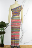 Colour Sexy Casual Elegant Striped Slit Cut Out Oblique Collar Irregular Dress Dresses