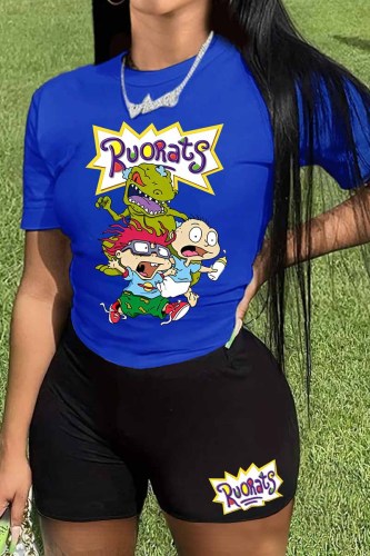 Black Casual Character Print Letter O Neck Short Sleeve Two Pieces