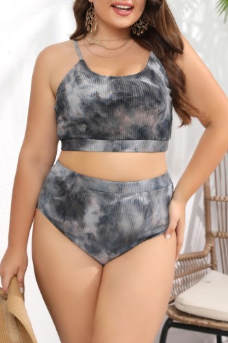 Black Sexy Print Tie Dye Backless Plus Size Swimwear (With Paddings)