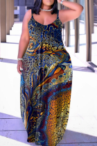 Dark Blue Sexy Print Patchwork Spaghetti Strap Straight Dresses