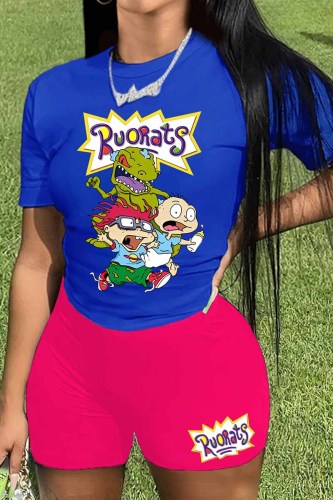 Rose Red Casual Character Print Letter O Neck Short Sleeve Two Pieces