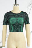 Green Sexy Street Punk Print O Neck High Waist T-Shirts