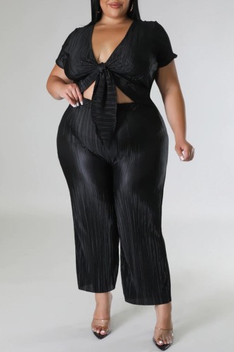 Black Casual Solid Frenulum V Neck Plus Size Two Pieces