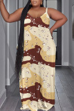 Brown Sexy Casual Print Backless Spaghetti Strap Long Dress Plus Size Dresses
