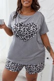 Grey Casual Print Solid Basic O Neck Plus Size Two Pieces