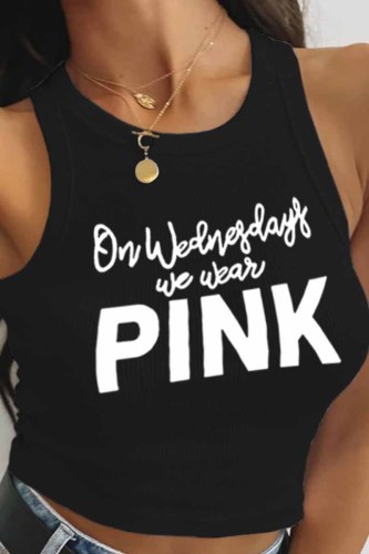 Black Casual Print Letter O Neck Tops
