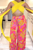 Yellow Sexy Casual Daily Simplicity Bandage Printing Halter Sleeveless Two Pieces
