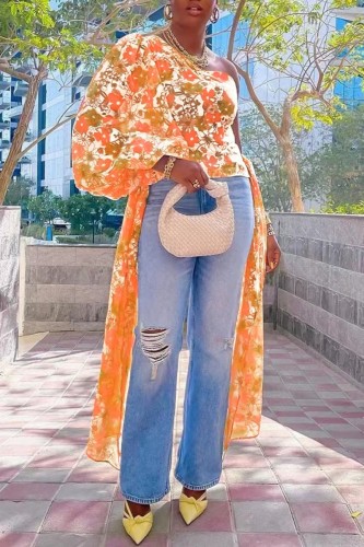 Orange Casual Print Patchwork Backless Asymmetrical Oblique Collar Tops (Subject To The Actual Object)