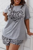 Powder Blue Casual Print Solid Basic O Neck Plus Size Two Pieces