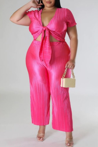 Rose Red Casual Solid Frenulum V Neck Plus Size Two Pieces