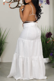 White Flower Shape Sleeveless Backles Cami Crop Top and Maxi Skirt Daily Vacation Slim Fit Matching Set