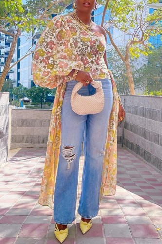 Yellow Casual Print Patchwork Backless Asymmetrical Oblique Collar Tops (Subject To The Actual Object)