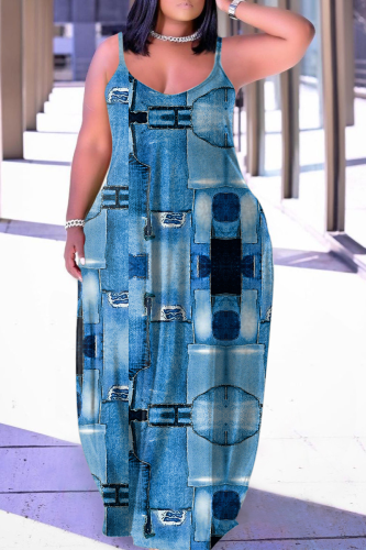 Blue Sexy Print Patchwork Spaghetti Strap Straight Dresses