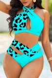 Black Sexy Print Hollowed Out Patchwork Backless V Neck Plus Size Swimwear (With Paddings)