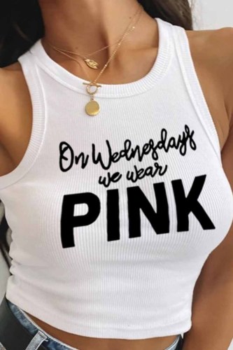 White Casual Print Letter O Neck Tops