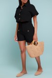 Black Casual Solid Patchwork Turndown Collar Short Sleeve Two Pieces
