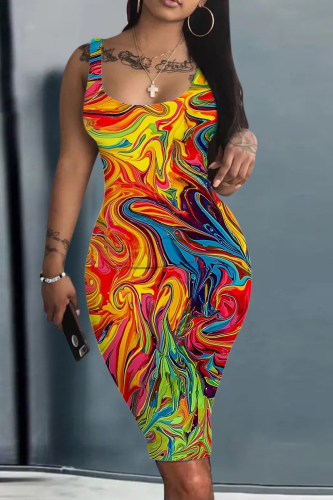 Red Yellow Street Print Patchwork U Neck Pencil Skirt Dresses