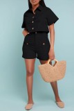 Black Casual Solid Patchwork Turndown Collar Short Sleeve Two Pieces