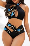 Baby Blue Sexy Print Hollowed Out Patchwork Backless V Neck Plus Size Swimwear (With Paddings)