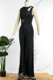 Black Elegant Solid Hollowed Out Patchwork Buttons O Neck Straight Jumpsuits