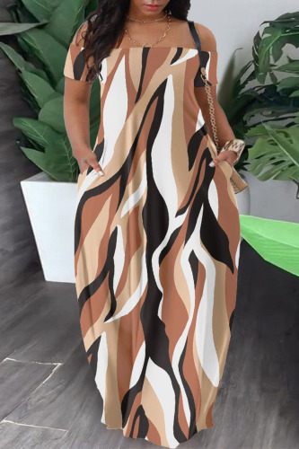 Apricot Casual Print Patchwork Pocket Off the Shoulder Lantern Dress Dresses