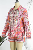 Green Casual Print Patchwork Buckle Turndown Collar Long Sleeve Two Pieces