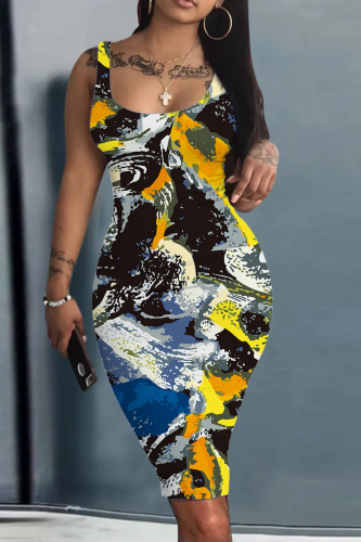 Gray Green Street Print Patchwork U Neck Pencil Skirt Dresses